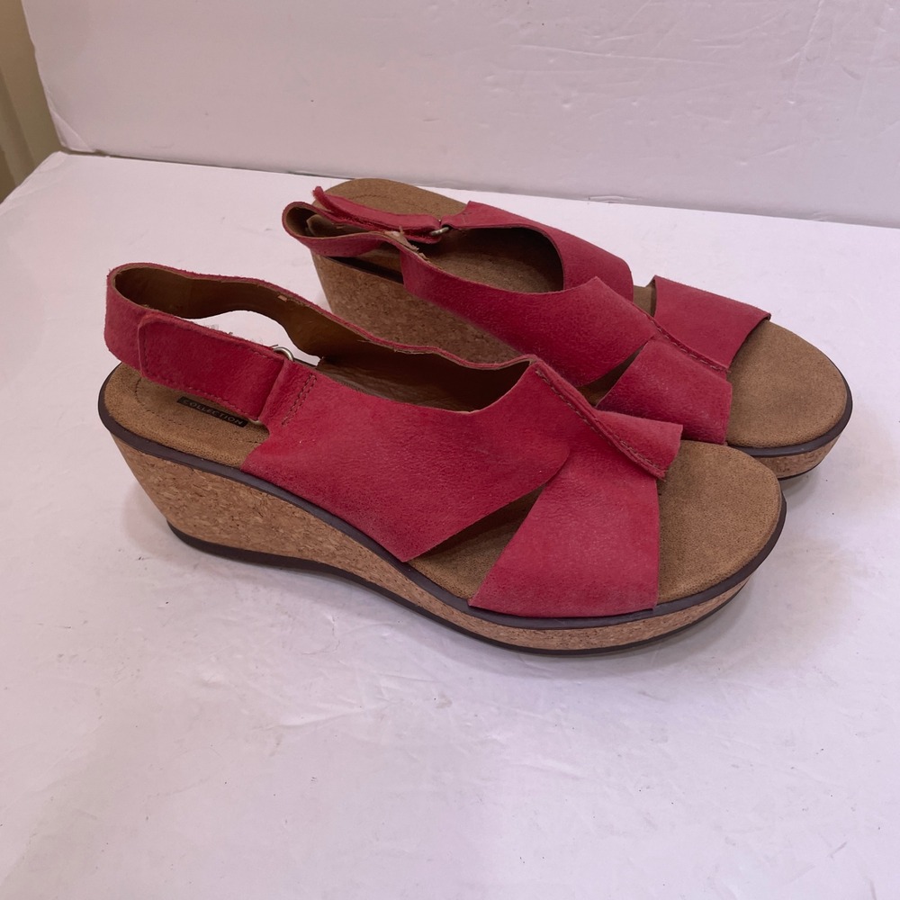 CLARKS SUEDE CORK WEDGES IN ROSE